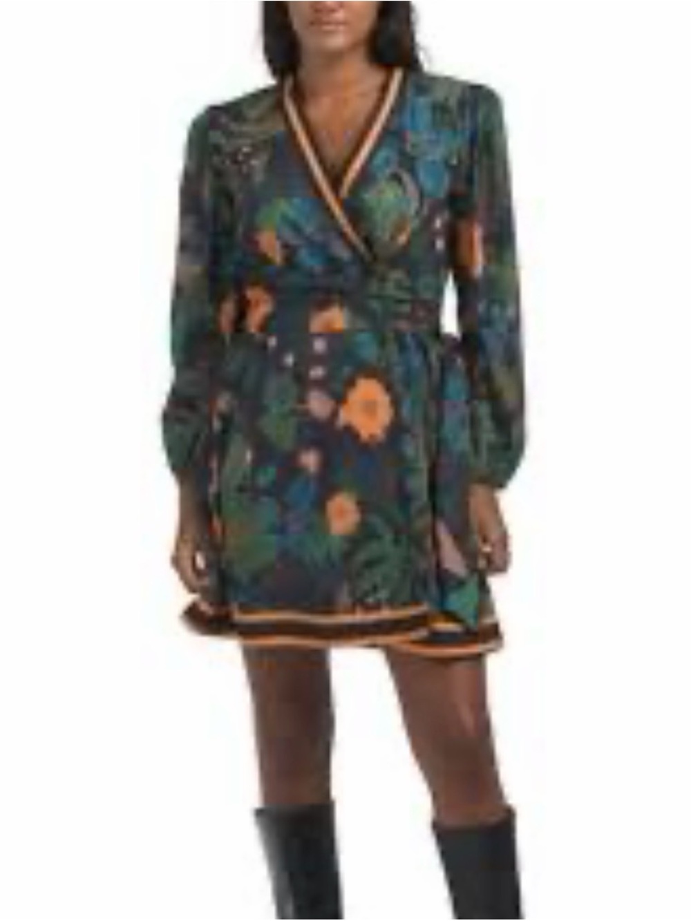 CELINA MOON Dress Floral Wrap Mini Kimono Belt Tie Blue Green Botanical Women S